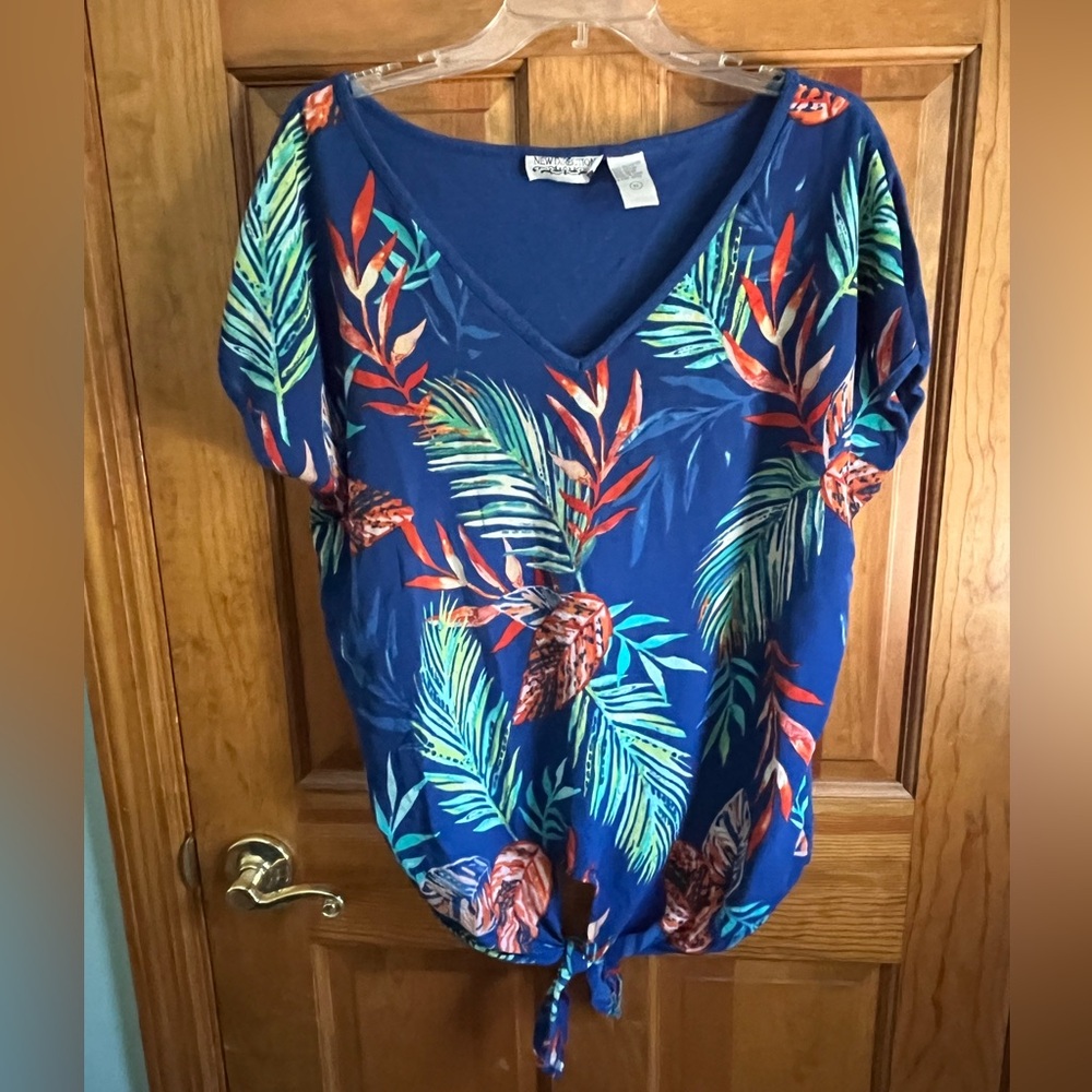 New Directions Blue Tropical Leaf Blouse